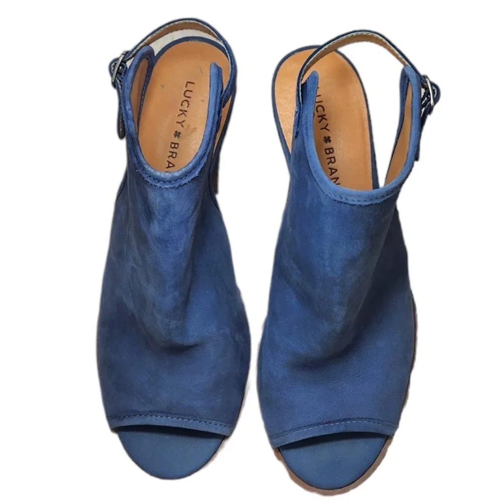Lucky Brand Blue Peep Toe Block Stacked Ankle Heel Booties Shoes Sandals 8.5